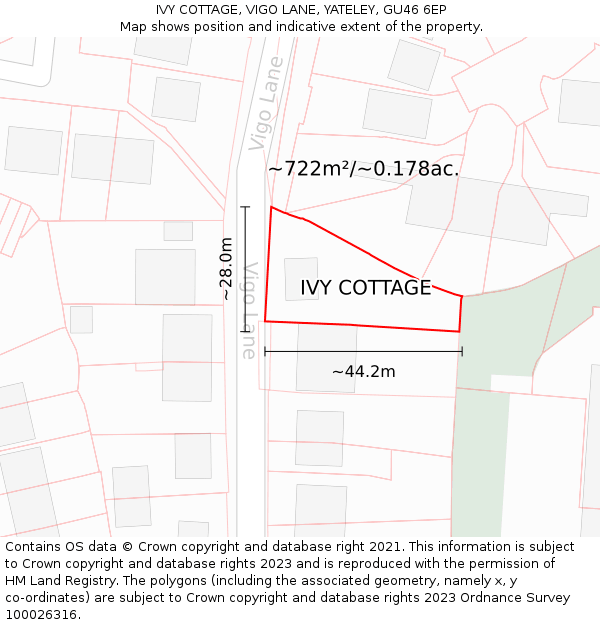 IVY COTTAGE, VIGO LANE, YATELEY, GU46 6EP: Plot and title map