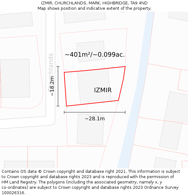 IZMIR, CHURCHLANDS, MARK, HIGHBRIDGE, TA9 4ND: Plot and title map