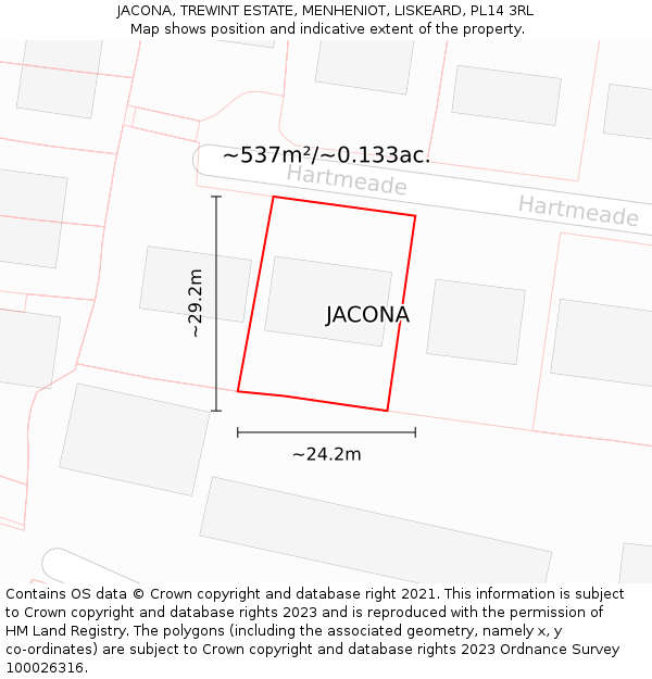 JACONA, TREWINT ESTATE, MENHENIOT, LISKEARD, PL14 3RL: Plot and title map