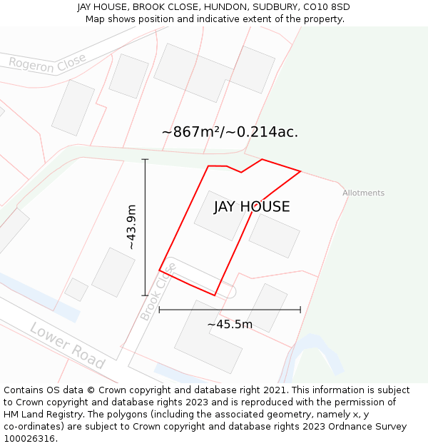 JAY HOUSE, BROOK CLOSE, HUNDON, SUDBURY, CO10 8SD: Plot and title map