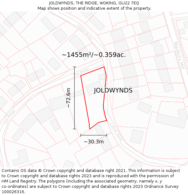 JOLDWYNDS, THE RIDGE, WOKING, GU22 7EQ: Plot and title map