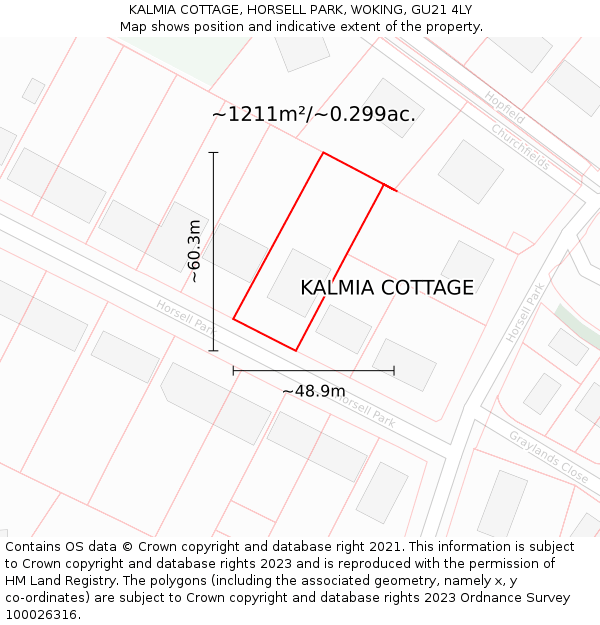 KALMIA COTTAGE, HORSELL PARK, WOKING, GU21 4LY: Plot and title map
