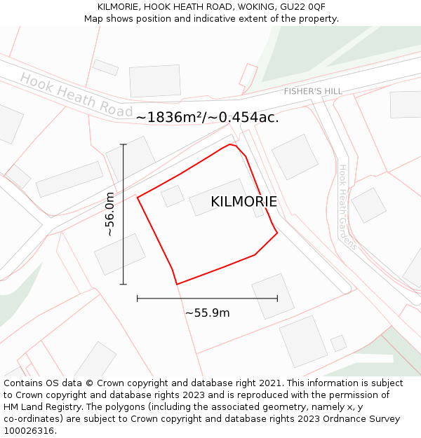 KILMORIE, HOOK HEATH ROAD, WOKING, GU22 0QF: Plot and title map