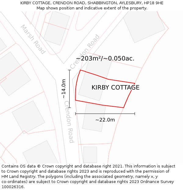 KIRBY COTTAGE, CRENDON ROAD, SHABBINGTON, AYLESBURY, HP18 9HE: Plot and title map