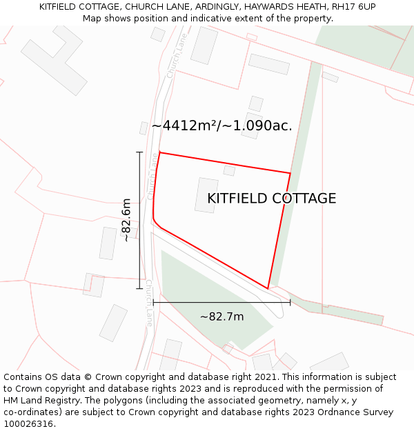 KITFIELD COTTAGE, CHURCH LANE, ARDINGLY, HAYWARDS HEATH, RH17 6UP: Plot and title map