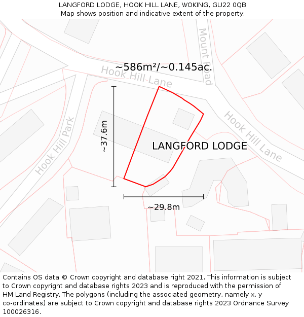 LANGFORD LODGE, HOOK HILL LANE, WOKING, GU22 0QB: Plot and title map