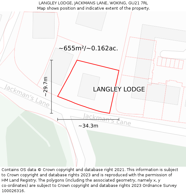 LANGLEY LODGE, JACKMANS LANE, WOKING, GU21 7RL: Plot and title map