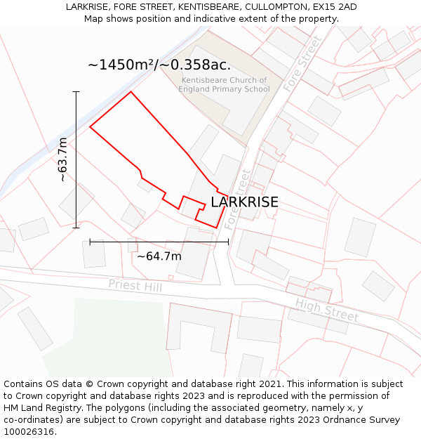 LARKRISE, FORE STREET, KENTISBEARE, CULLOMPTON, EX15 2AD: Plot and title map