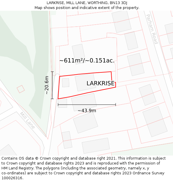 LARKRISE, MILL LANE, WORTHING, BN13 3DJ: Plot and title map