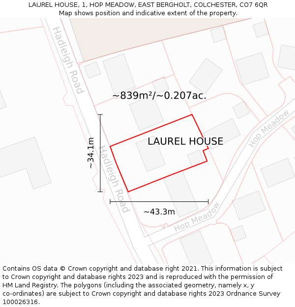 LAUREL HOUSE, 1, HOP MEADOW, EAST BERGHOLT, COLCHESTER, CO7 6QR: Plot and title map