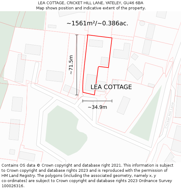 LEA COTTAGE, CRICKET HILL LANE, YATELEY, GU46 6BA: Plot and title map