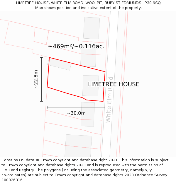 LIMETREE HOUSE, WHITE ELM ROAD, WOOLPIT, BURY ST EDMUNDS, IP30 9SQ: Plot and title map