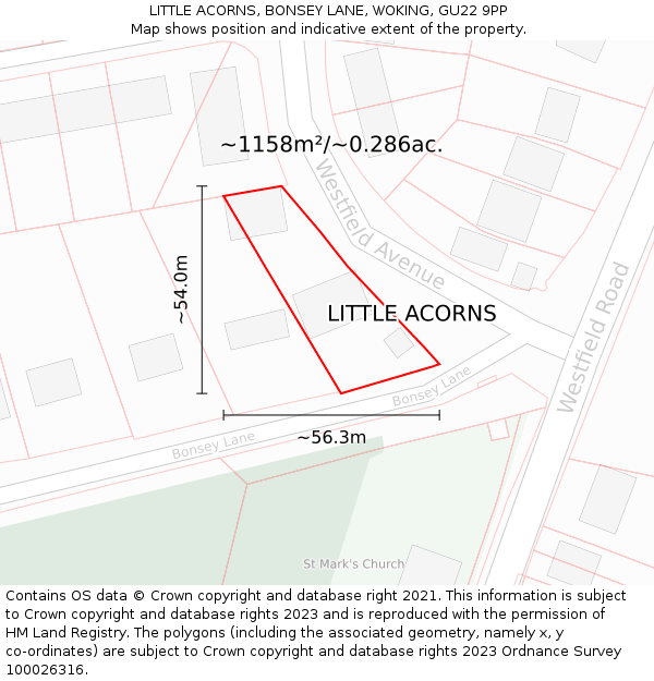 LITTLE ACORNS, BONSEY LANE, WOKING, GU22 9PP: Plot and title map