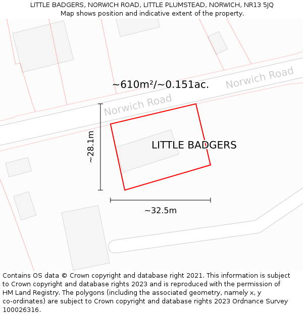 LITTLE BADGERS, NORWICH ROAD, LITTLE PLUMSTEAD, NORWICH, NR13 5JQ: Plot and title map