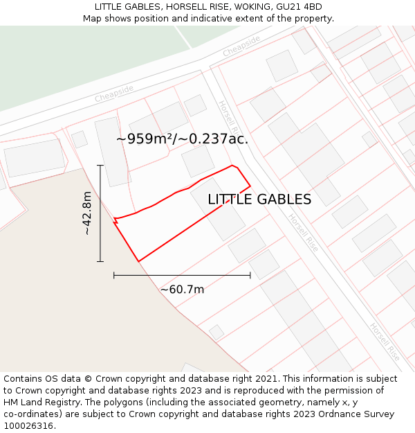 LITTLE GABLES, HORSELL RISE, WOKING, GU21 4BD: Plot and title map