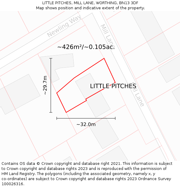LITTLE PITCHES, MILL LANE, WORTHING, BN13 3DF: Plot and title map