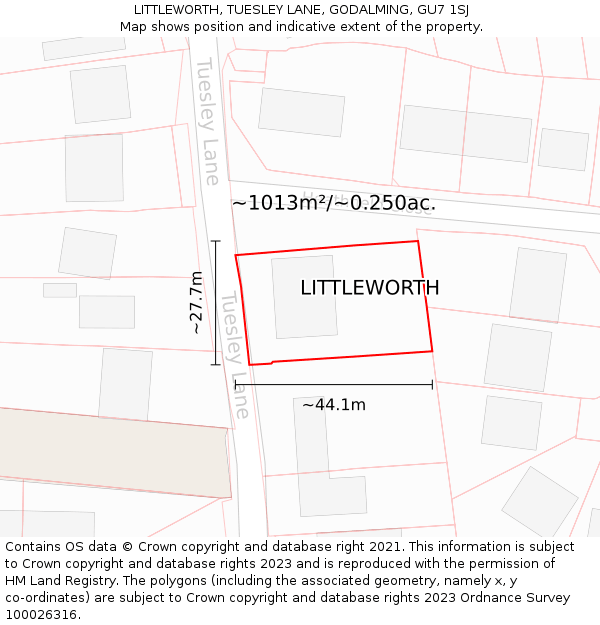 LITTLEWORTH, TUESLEY LANE, GODALMING, GU7 1SJ: Plot and title map