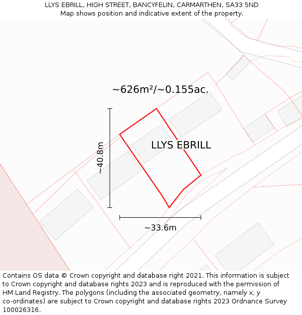 LLYS EBRILL, HIGH STREET, BANCYFELIN, CARMARTHEN, SA33 5ND: Plot and title map