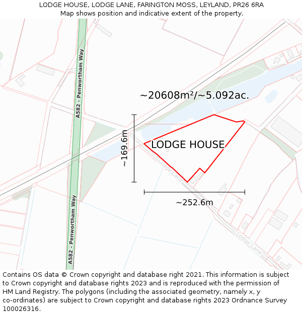LODGE HOUSE, LODGE LANE, FARINGTON MOSS, LEYLAND, PR26 6RA: Plot and title map