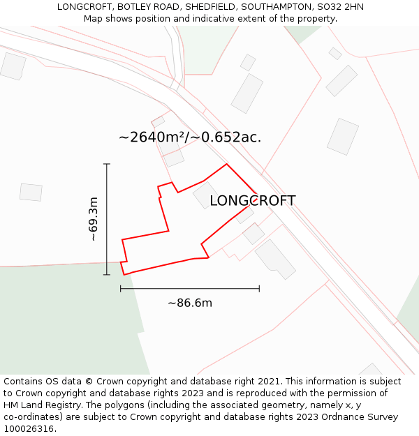 LONGCROFT, BOTLEY ROAD, SHEDFIELD, SOUTHAMPTON, SO32 2HN: Plot and title map