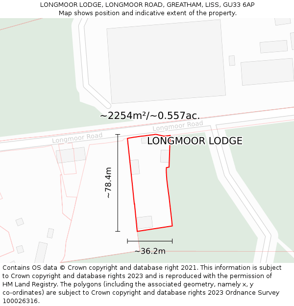 LONGMOOR LODGE, LONGMOOR ROAD, GREATHAM, LISS, GU33 6AP: Plot and title map