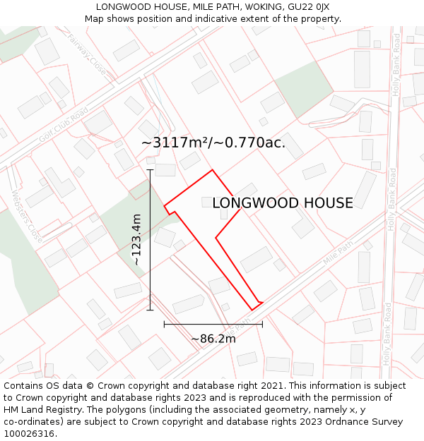 LONGWOOD HOUSE, MILE PATH, WOKING, GU22 0JX: Plot and title map
