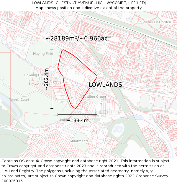 LOWLANDS, CHESTNUT AVENUE, HIGH WYCOMBE, HP11 1DJ: Plot and title map