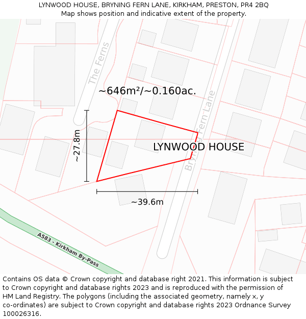 LYNWOOD HOUSE, BRYNING FERN LANE, KIRKHAM, PRESTON, PR4 2BQ: Plot and title map
