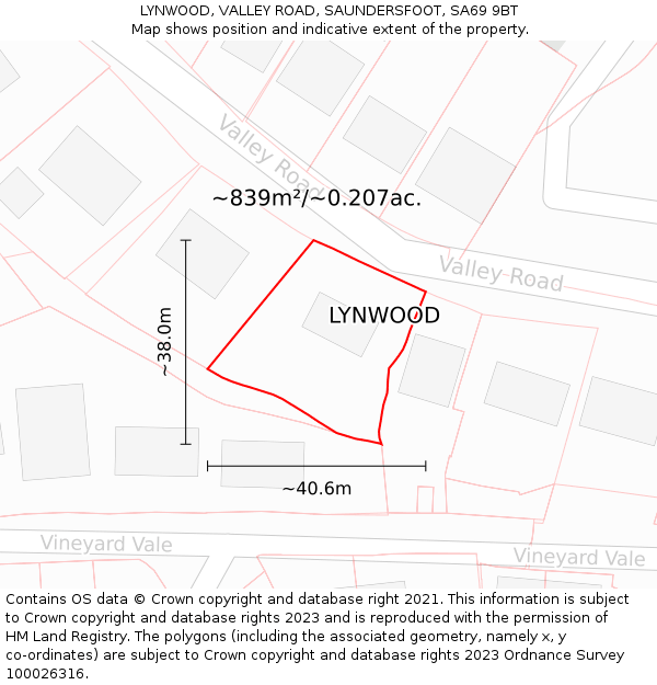 LYNWOOD, VALLEY ROAD, SAUNDERSFOOT, SA69 9BT: Plot and title map