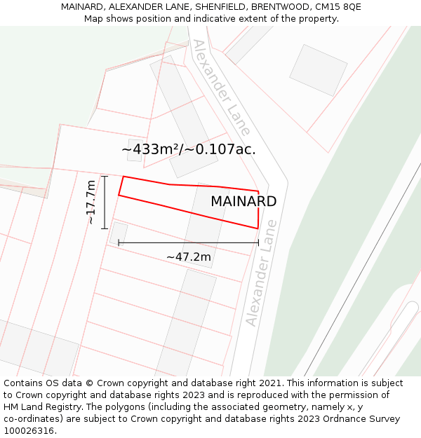 MAINARD, ALEXANDER LANE, SHENFIELD, BRENTWOOD, CM15 8QE: Plot and title map