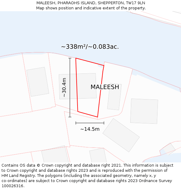 MALEESH, PHARAOHS ISLAND, SHEPPERTON, TW17 9LN: Plot and title map