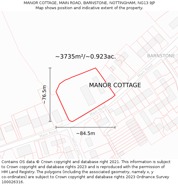 MANOR COTTAGE, MAIN ROAD, BARNSTONE, NOTTINGHAM, NG13 9JP: Plot and title map