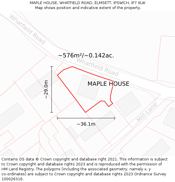 MAPLE HOUSE, WHATFIELD ROAD, ELMSETT, IPSWICH, IP7 6LW: Plot and title map