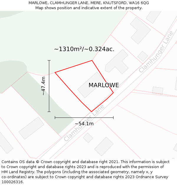 MARLOWE, CLAMHUNGER LANE, MERE, KNUTSFORD, WA16 6QG: Plot and title map