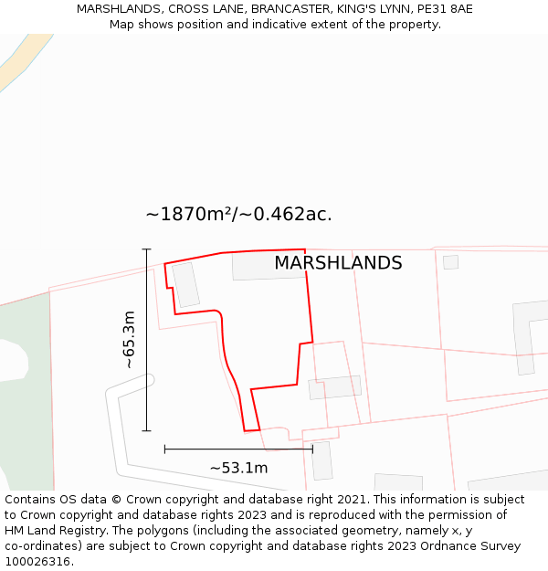 MARSHLANDS, CROSS LANE, BRANCASTER, KING'S LYNN, PE31 8AE: Plot and title map