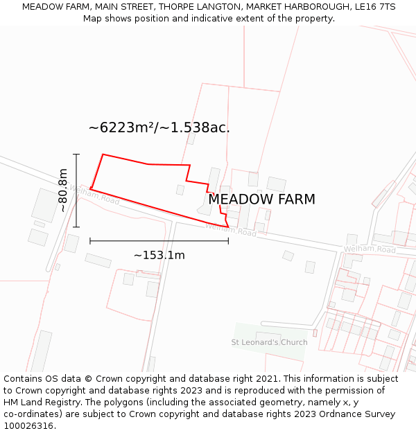 MEADOW FARM, MAIN STREET, THORPE LANGTON, MARKET HARBOROUGH, LE16 7TS: Plot and title map