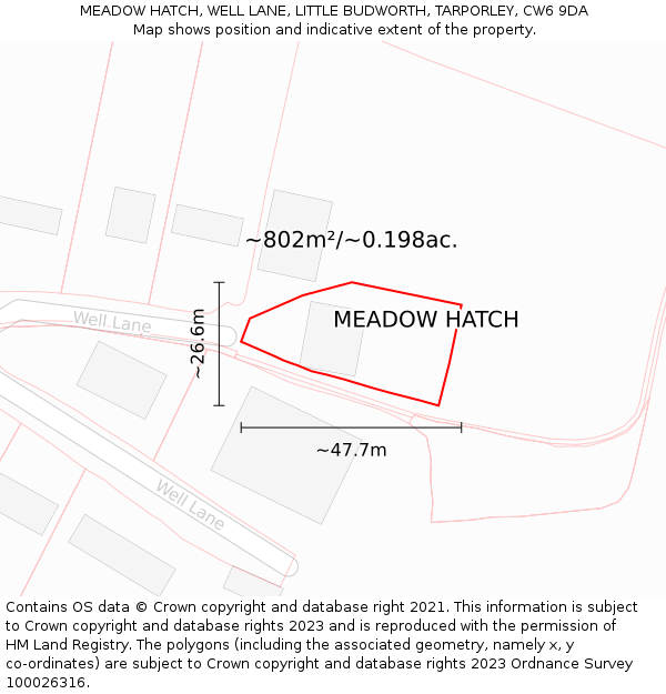 MEADOW HATCH, WELL LANE, LITTLE BUDWORTH, TARPORLEY, CW6 9DA: Plot and title map