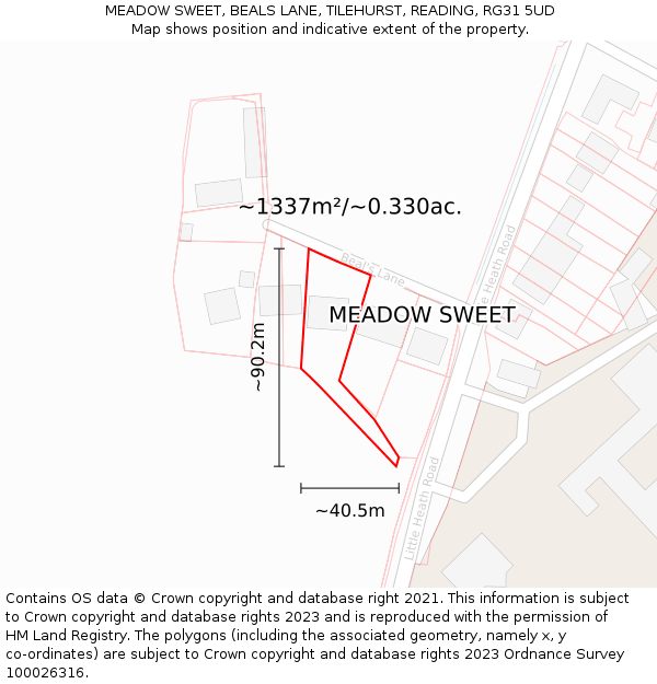 MEADOW SWEET, BEALS LANE, TILEHURST, READING, RG31 5UD: Plot and title map