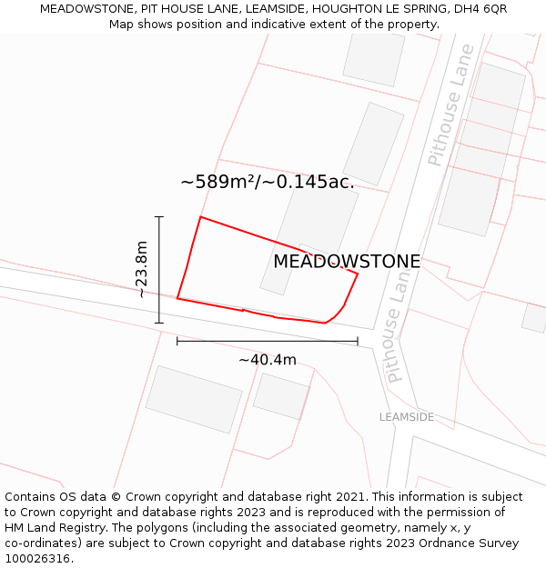 MEADOWSTONE, PIT HOUSE LANE, LEAMSIDE, HOUGHTON LE SPRING, DH4 6QR: Plot and title map