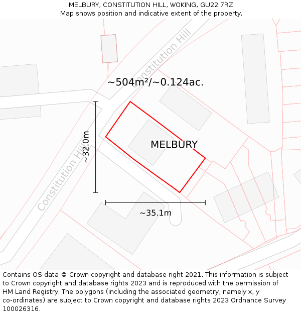 MELBURY, CONSTITUTION HILL, WOKING, GU22 7RZ: Plot and title map