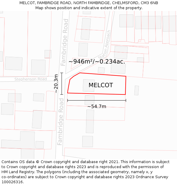 MELCOT, FAMBRIDGE ROAD, NORTH FAMBRIDGE, CHELMSFORD, CM3 6NB: Plot and title map