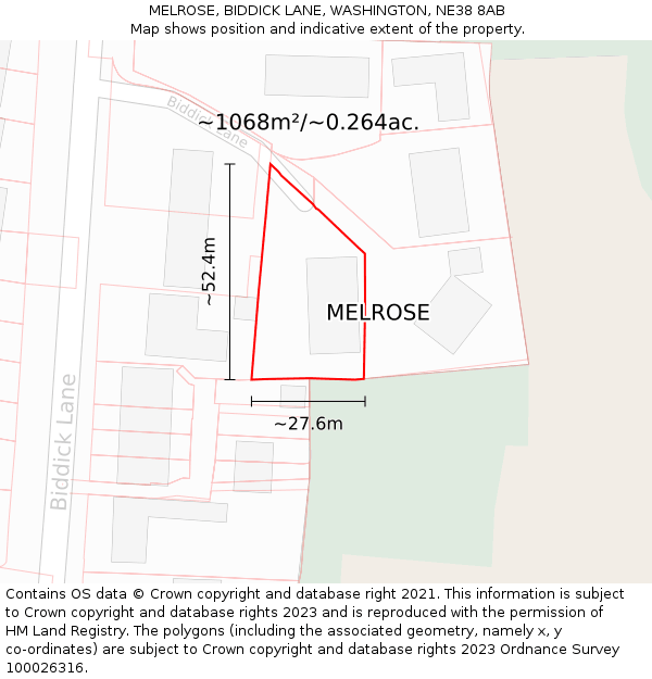MELROSE, BIDDICK LANE, WASHINGTON, NE38 8AB: Plot and title map