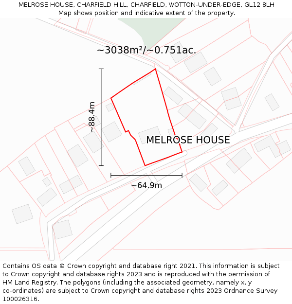 MELROSE HOUSE, CHARFIELD HILL, CHARFIELD, WOTTON-UNDER-EDGE, GL12 8LH: Plot and title map