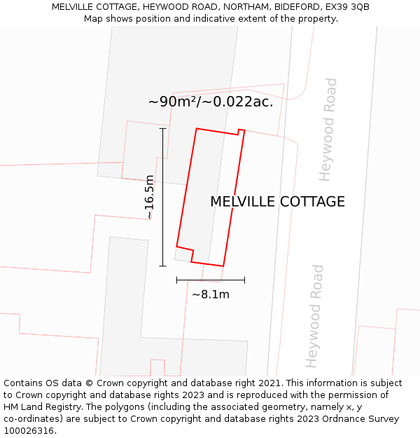 MELVILLE COTTAGE, HEYWOOD ROAD, NORTHAM, BIDEFORD, EX39 3QB: Plot and title map