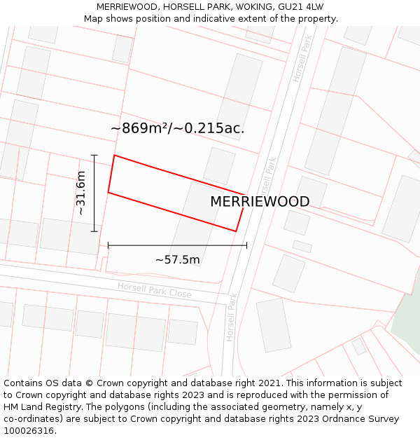 MERRIEWOOD, HORSELL PARK, WOKING, GU21 4LW: Plot and title map