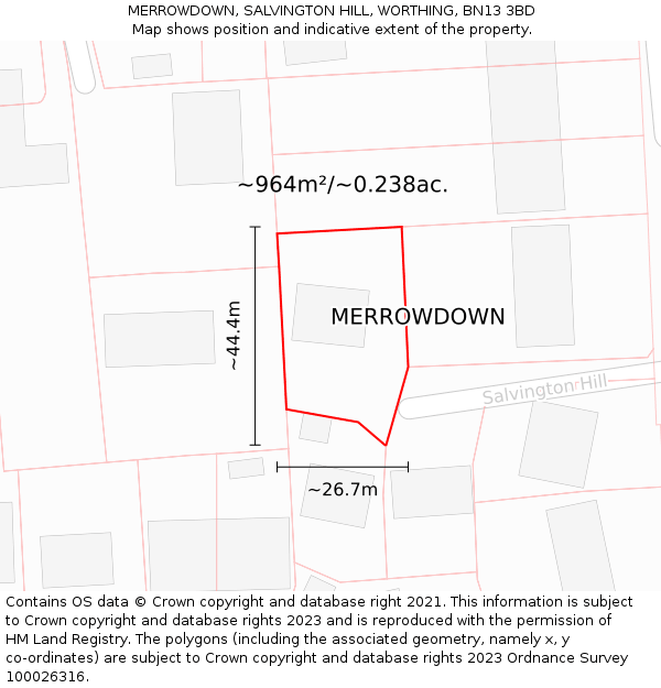 MERROWDOWN, SALVINGTON HILL, WORTHING, BN13 3BD: Plot and title map