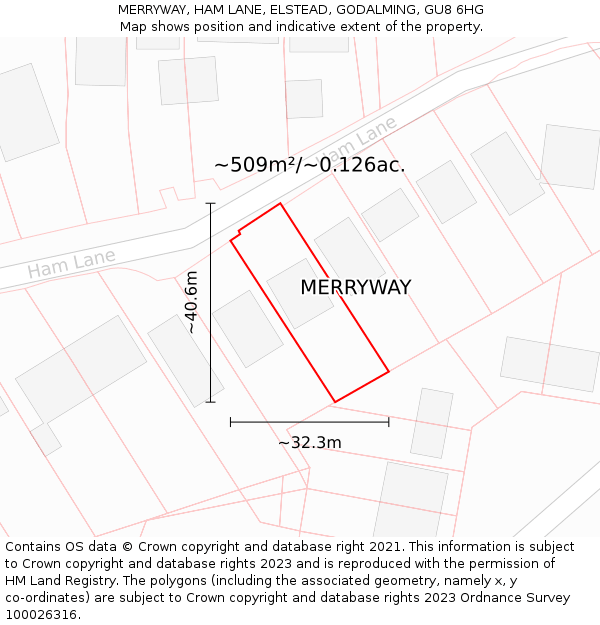 MERRYWAY, HAM LANE, ELSTEAD, GODALMING, GU8 6HG: Plot and title map