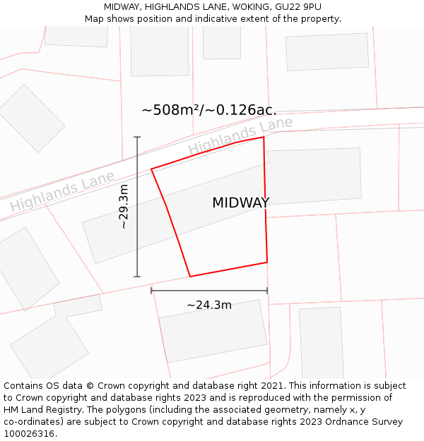 MIDWAY, HIGHLANDS LANE, WOKING, GU22 9PU: Plot and title map