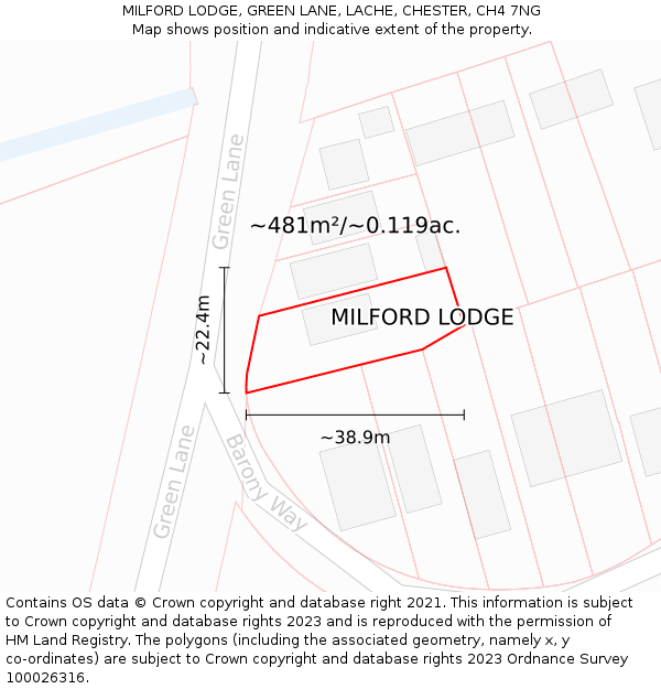 MILFORD LODGE, GREEN LANE, LACHE, CHESTER, CH4 7NG: Plot and title map
