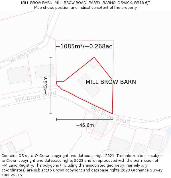 MILL BROW BARN, MILL BROW ROAD, EARBY, BARNOLDSWICK, BB18 6JT: Plot and title map